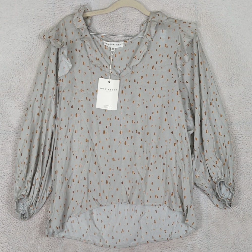 DownEast Women's Aqua Grey Cascading Long‎ Sleeve Blouse Size XS